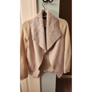 Womens Sweater Size‎ Small Faux Fur Collar Cardigan Open Front Beige Sweater